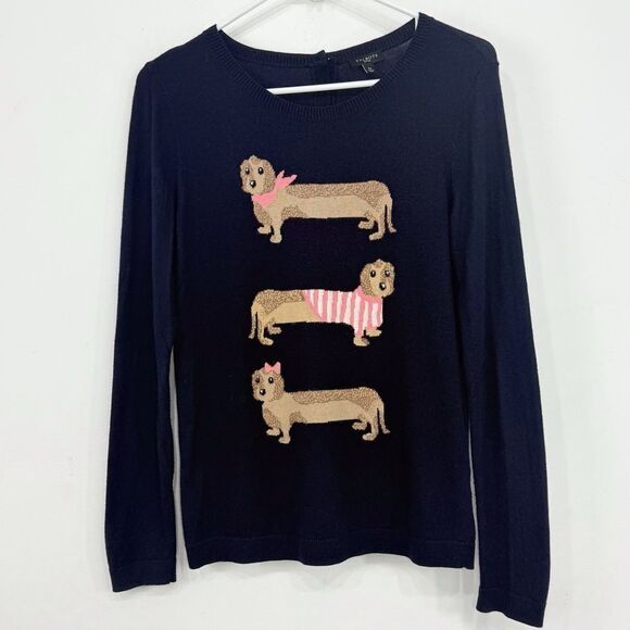 Talbots Three Dachshunds Graphic Blue Fine Knit Crewneck Pullover Sweater - Picture 1 of 12